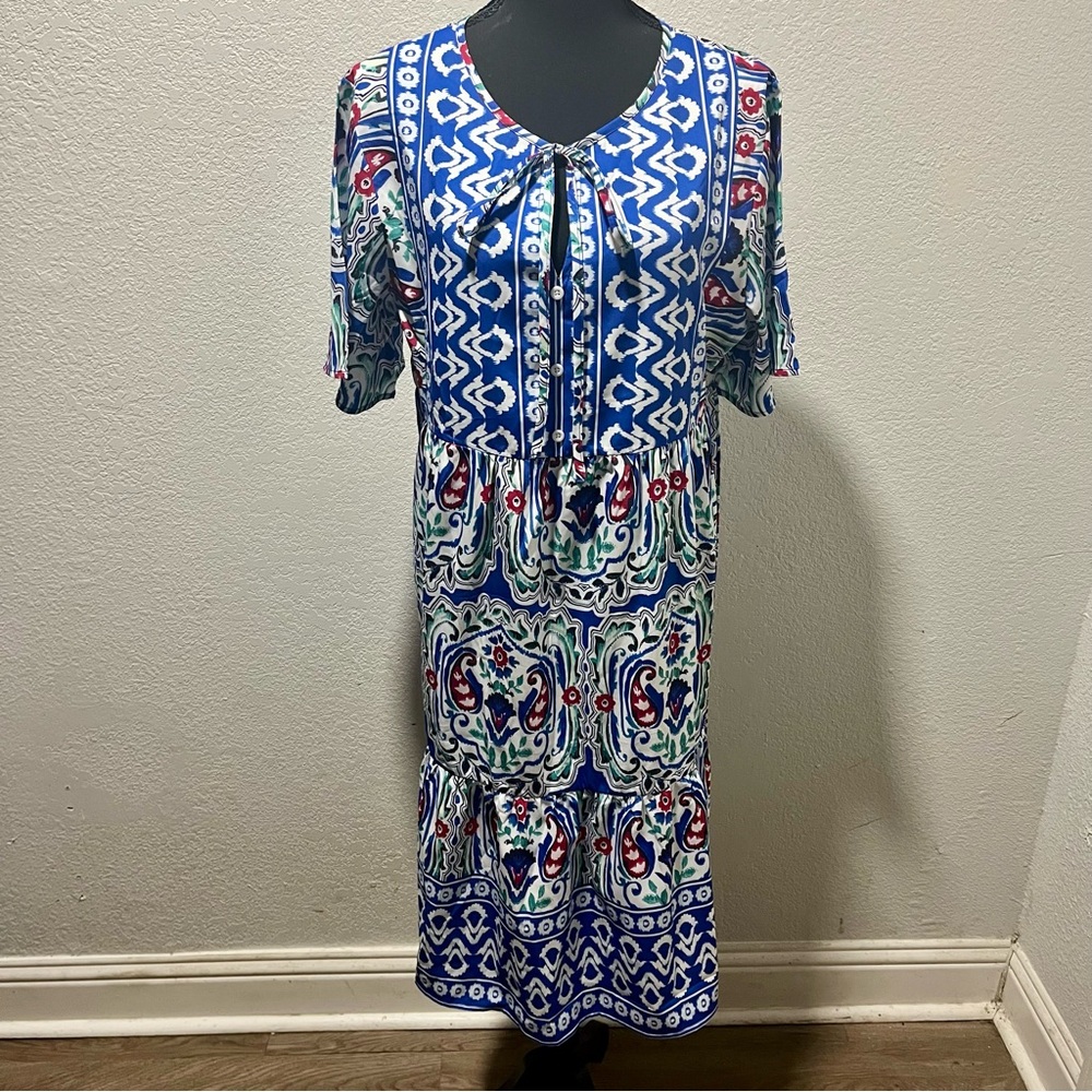 NWT Blue & Red Graphic Print Tie Neck Button Detail Midi Pullover Dress